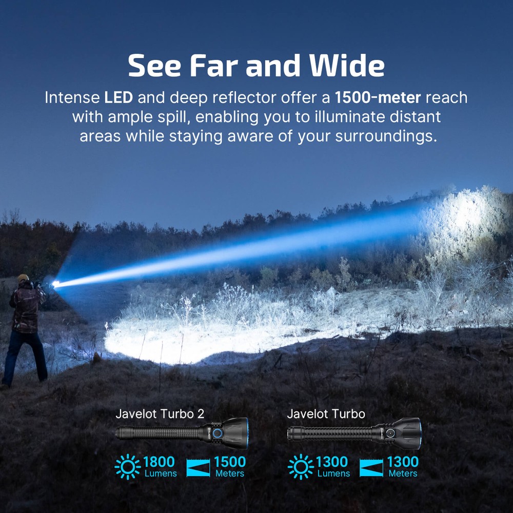 אלומה של 1,500 מטר ב-Olight Javelot Turbo 2 לעומת Javelot Turbo